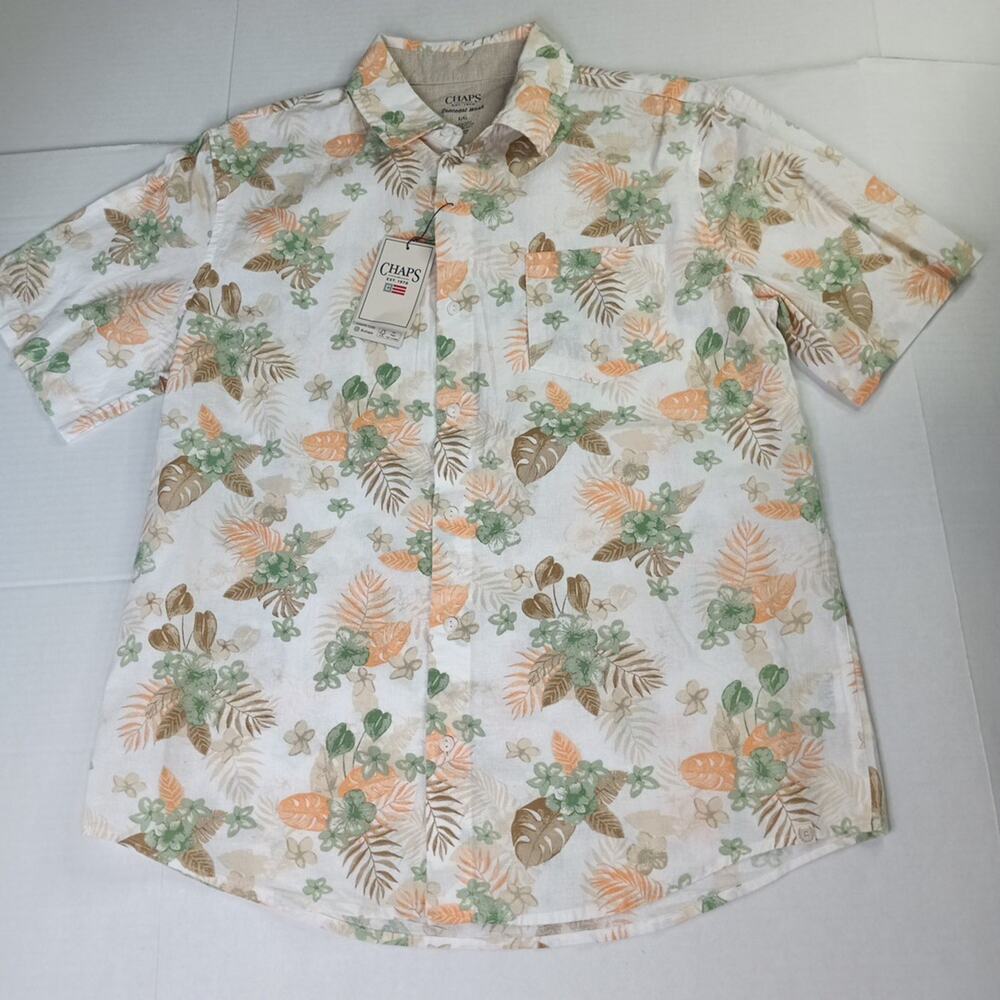 Chaps Seacoast Linen Woven Shirt Men's L‎ Khaki Floral Print